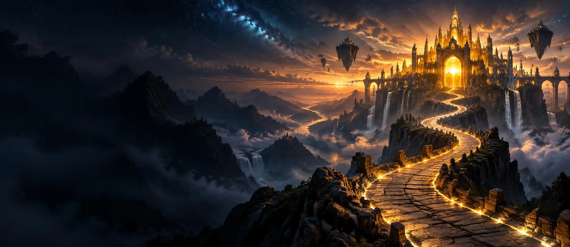 A glowing path winding through mountains toward a golden citadel